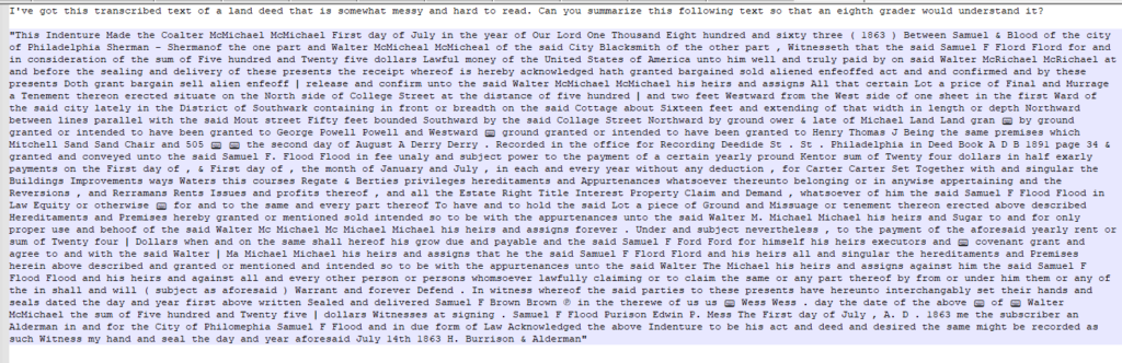 ChatGPT prompt of a long land deed transcription that's about 80% accurate, by an eyeball estimate.